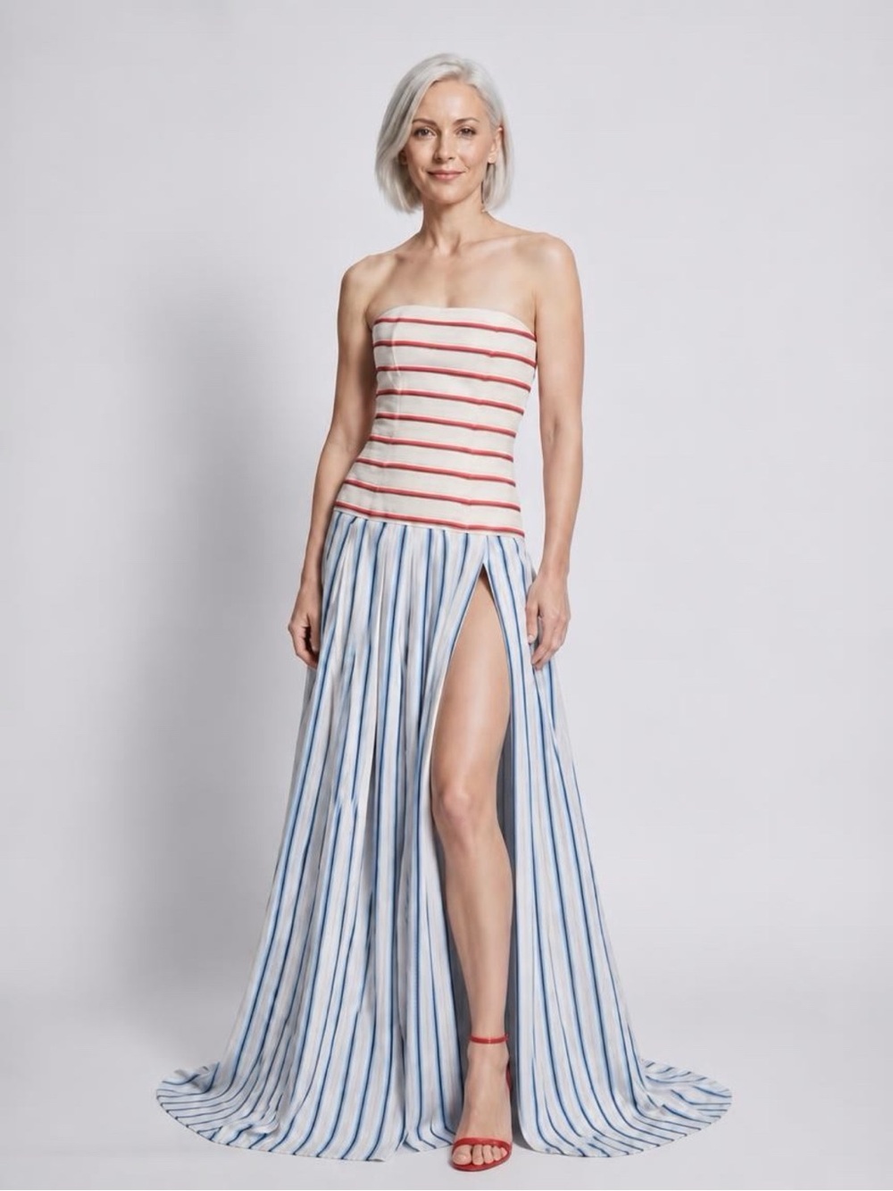 Rosie Assoulin Drop Waist Strapless Cotton Gown, red/blue stripes, slit, 0, EUC - Picture 4 of 16